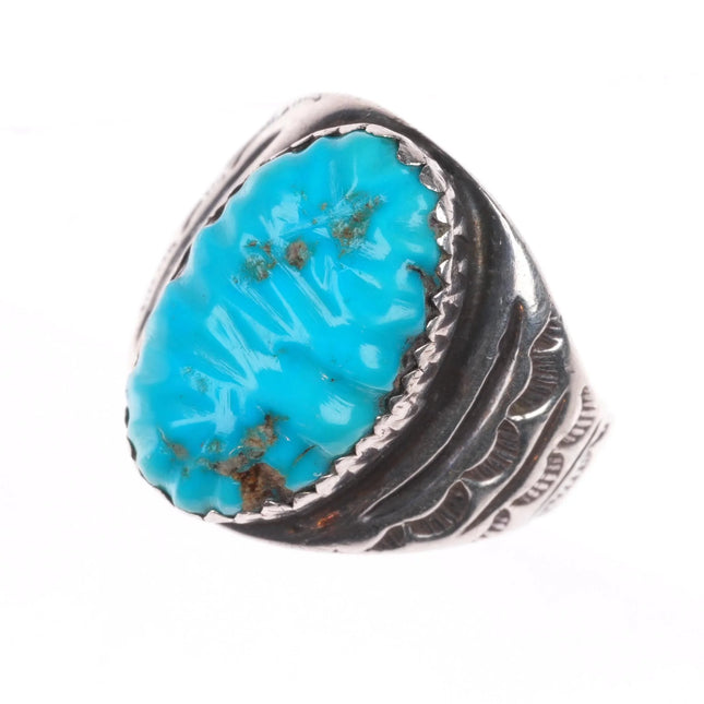 sz7.5 Vintage K Zuni sterling silver hand stamped carved turquoise ring