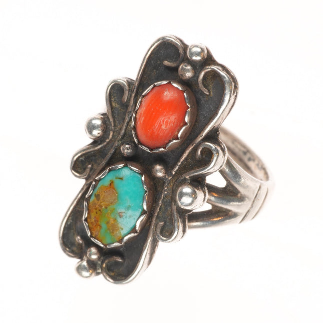 sz5.75 vintage Navajo sterling silver, turquoise, coral ring