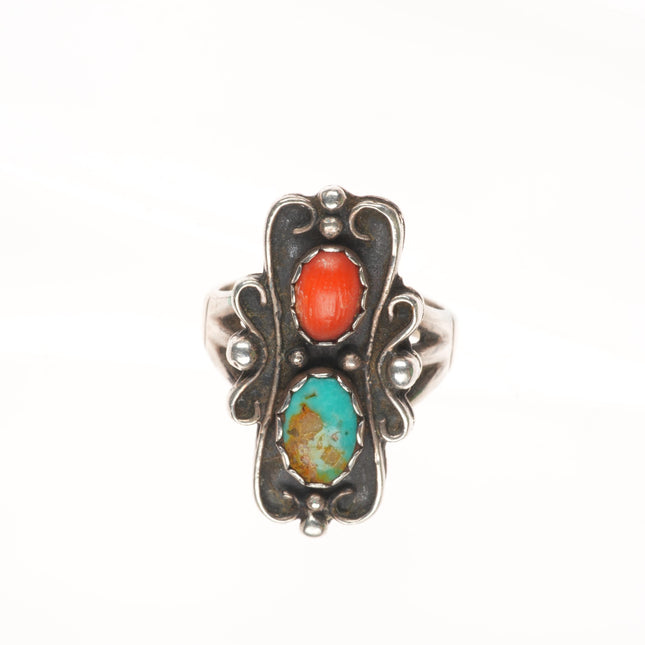 sz5.75 vintage Navajo sterling silver, turquoise, coral ring
