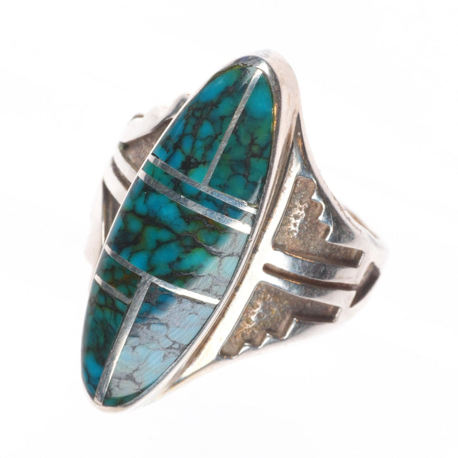 sz7 Cecil Ashley Navajo sterling silver spiderweb turquoise channel inlay ring