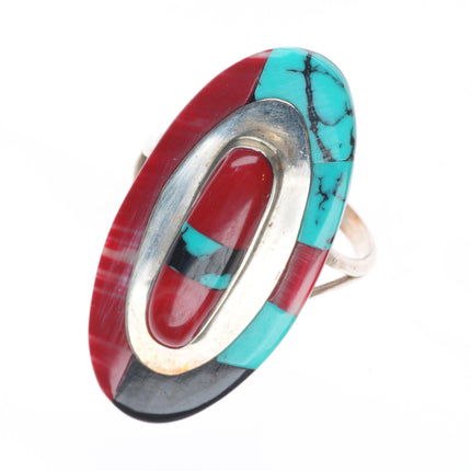 sz8 Theresa Jo Navajo sterling silver coral, turquoise inlay ring