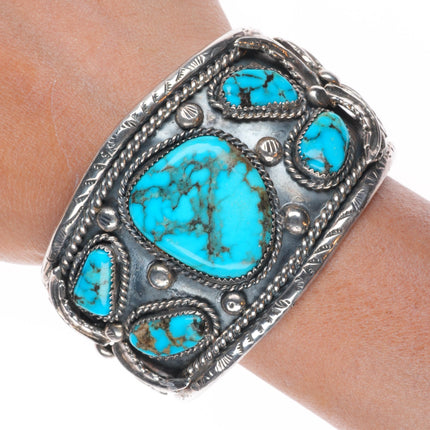 7" Heavy vintage Navajo sterling silver cuff bracelet with nice turquoise