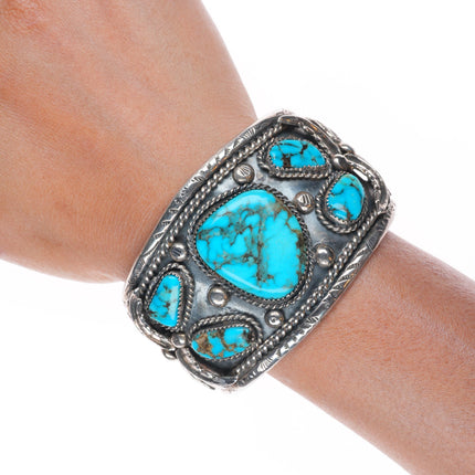 7" Heavy vintage Navajo sterling silver cuff bracelet with nice turquoise