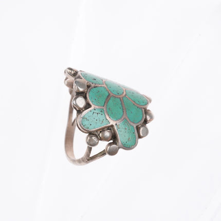 sz9 Vintage Zuni sterling silver turquoise channel inlay flower form ring