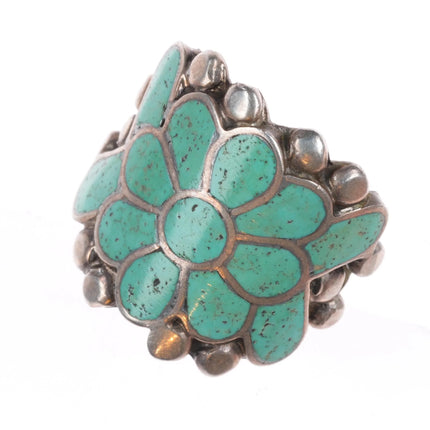 sz9 Vintage Zuni sterling silver turquoise channel inlay flower form ring