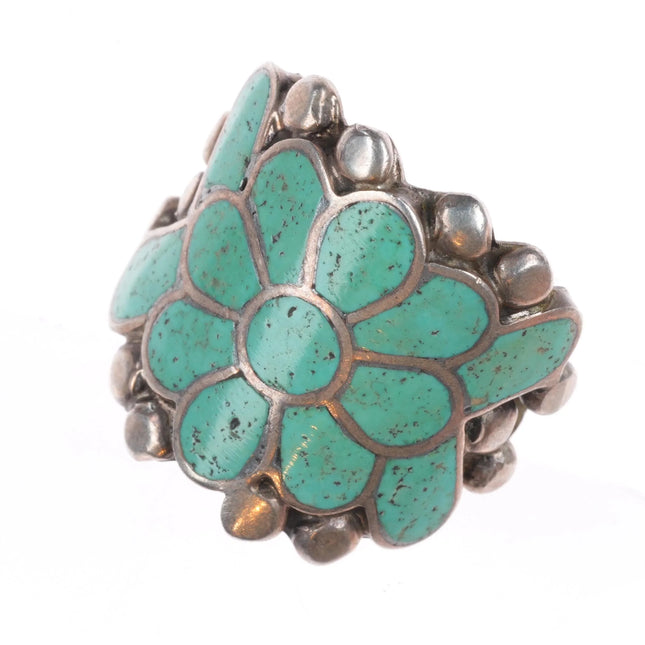 sz9 Vintage Zuni sterling silver turquoise channel inlay flower form ring