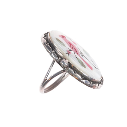 sz8.5 Vintage LB Zuni sterling silver redbird Cardinal ring mother of pearl