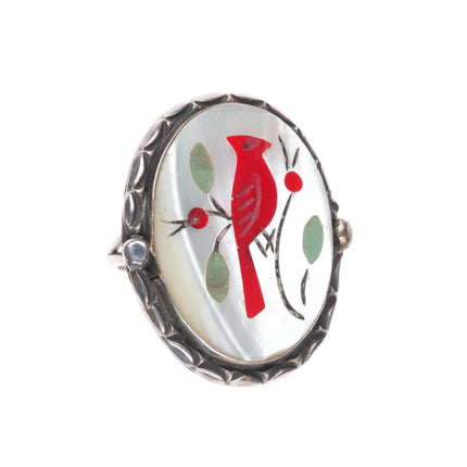 sz8.5 Vintage LB Zuni sterling silver redbird Cardinal ring mother of pearl