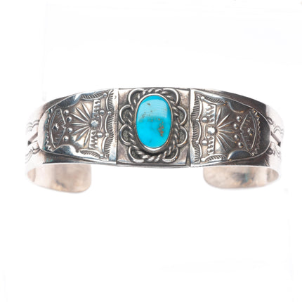 7" 1940's Navajo hand stamped sterling silver cuff bracelet with turquoise