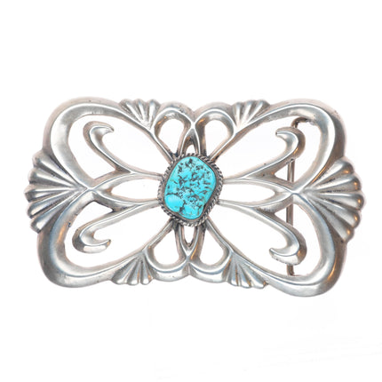 Big Vintage Navajo tufa/sand cast sterling silver belt buckle with turquoise