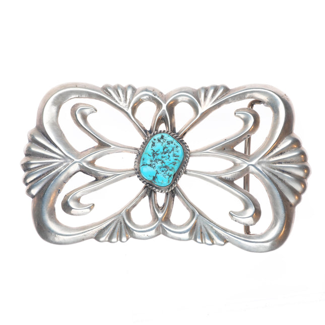 Big Vintage Navajo tufa/sand cast sterling silver belt buckle with turquoise