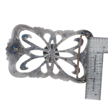 Big Vintage Navajo tufa/sand cast sterling silver belt buckle with turquoise