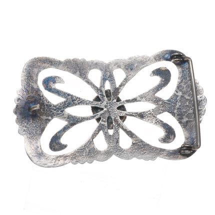 Big Vintage Navajo tufa/sand cast sterling silver belt buckle with turquoise