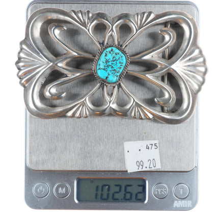 Big Vintage Navajo tufa/sand cast sterling silver belt buckle with turquoise