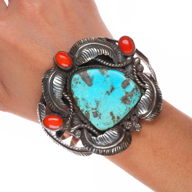 7" Large vintage Navajo sterling silver, turquoise, red coral cuff bracelet