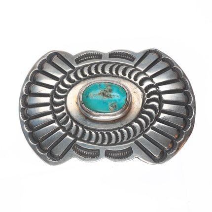 small vintage Navajo sterling silver deep stamped concho belt buckle w/turquoise
