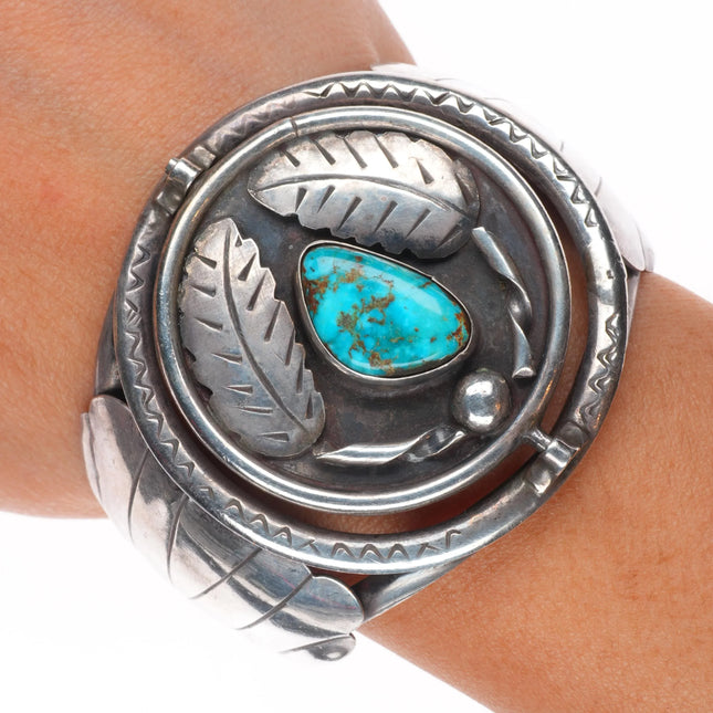 6" Vintage Navajo spinner cuff bracelet turquoise/coral sterling silver