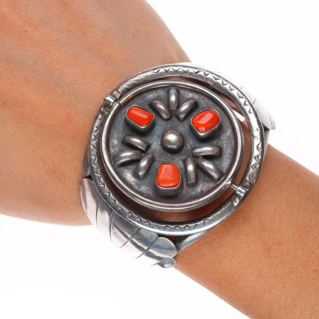 6" Vintage Navajo spinner cuff bracelet turquoise/coral sterling silver