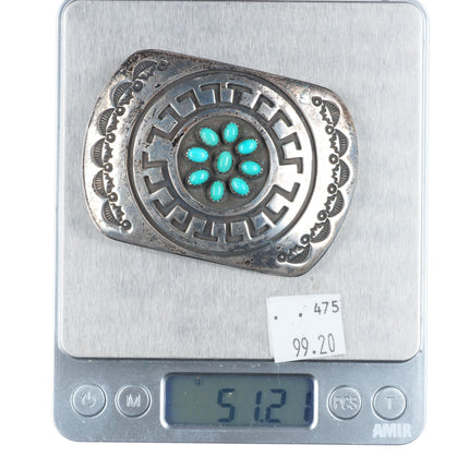 Vintage Roscoe Scott Navajo sterling silver turquoise cluster belt buckle