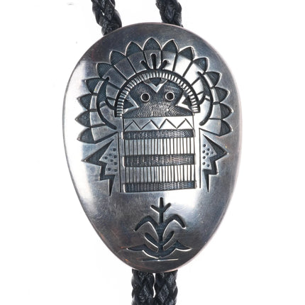 Robert Lewis Navajo sterling silver Kachina/Corn themed bolo tie Overlay style