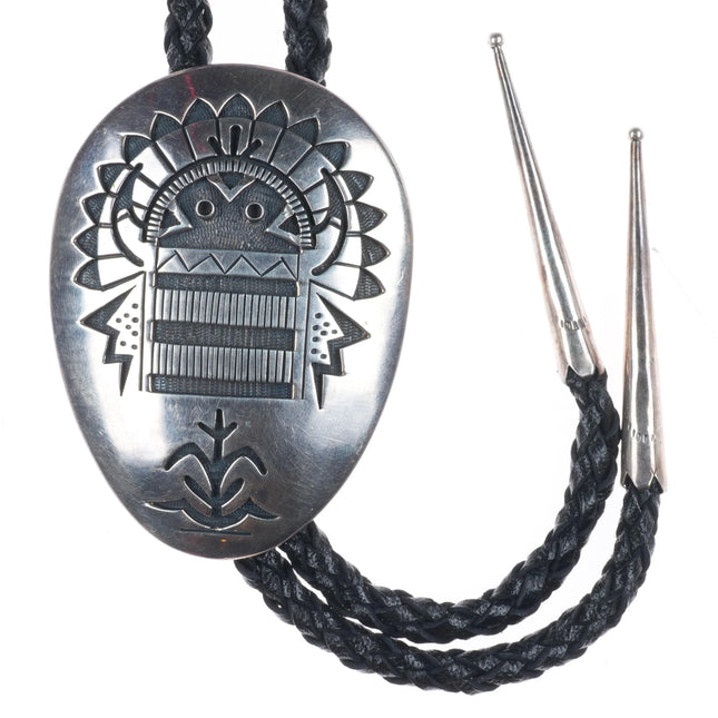 Robert Lewis Navajo sterling silver Kachina/Corn themed bolo tie Overlay style