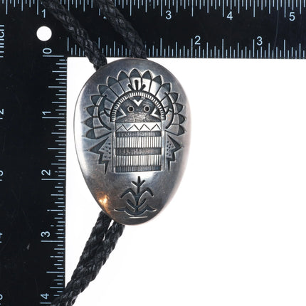 Robert Lewis Navajo sterling silver Kachina/Corn themed bolo tie Overlay style