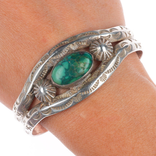 6.75" 20's-30's Navajo ingot silver whirling logs/arrows turquoise cuff bracelet