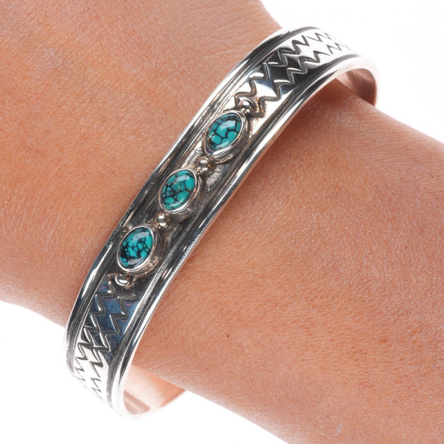 6.5" Joe Delgarito Navajo sterling silver turquoise stacker cuff bracelet