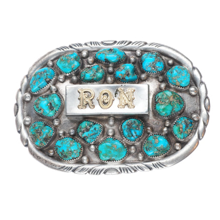 R Smith Vintage Navajo sterling silver nugget turquoise belt buckle Ron Monogram