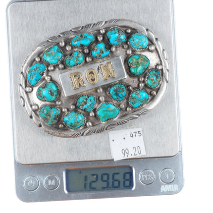 R Smith Vintage Navajo sterling silver nugget turquoise belt buckle Ron Monogram