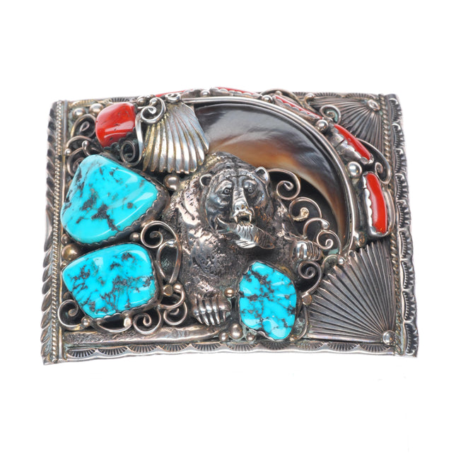 Big vintage Navajo JP Sterling silver, turquoise, coral bear belt buckle