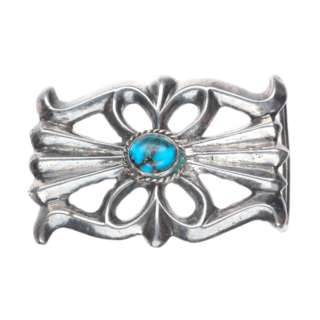 Vintage Navajo sterling silver sandcast belt buckle with turquoise t
