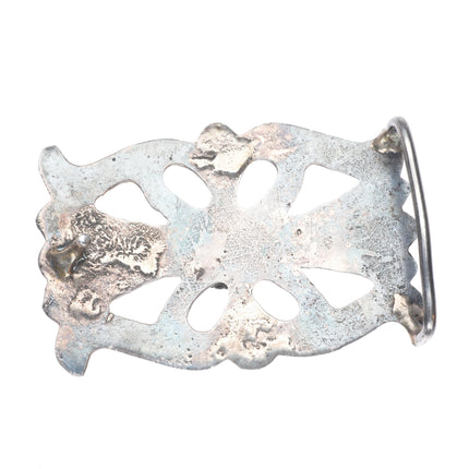 Vintage Navajo sterling silver sandcast belt buckle with turquoise t