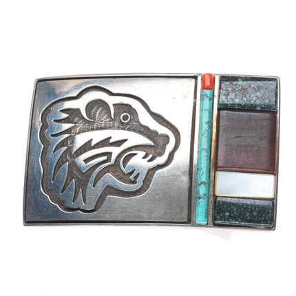 vintage Phillip Sekaquaptewa Hopi overlay/inlay sterling silver belt buckle