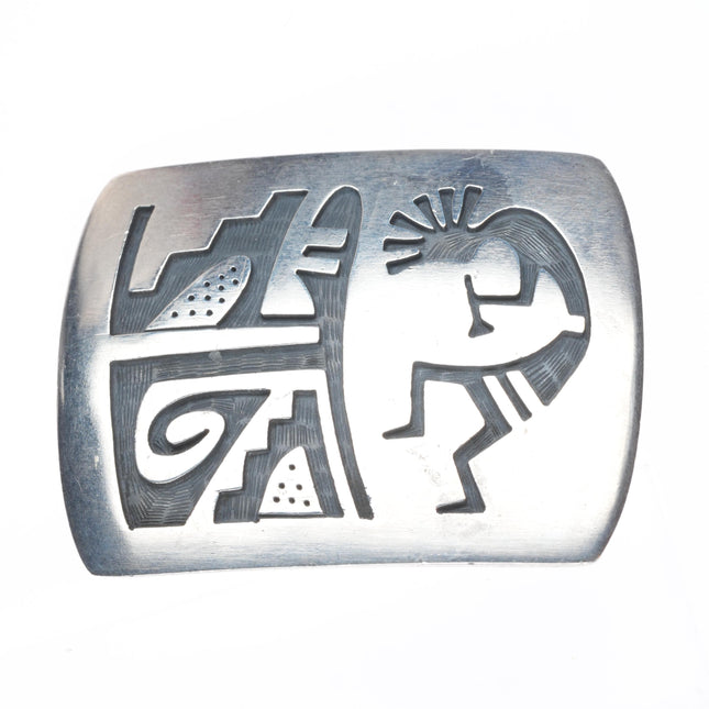 Gene Pooyouma Hopi overlay Kokopelli belt buckle sterling silver vintage
