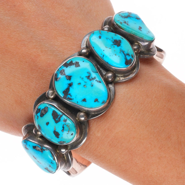 7" Peter Johnson Navajo sterling silver large turquoise row cuff bracelet