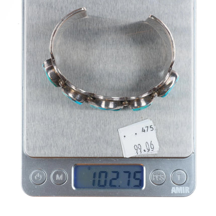 7" Peter Johnson Navajo sterling silver large turquoise row cuff bracelet