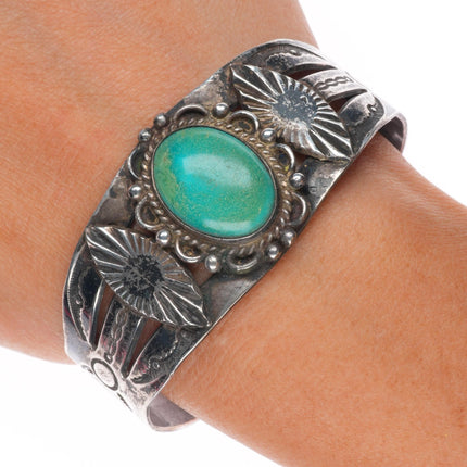 6.6" c1940's Navajo sterling silver turquoise wide hand stamped cuff bracelet