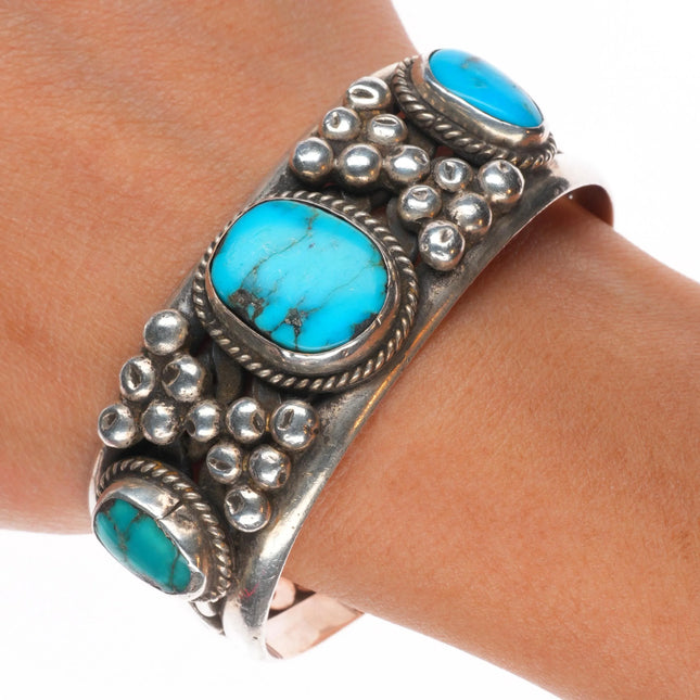 6.6" Vintage Navajo sterling silver woven cuff bracelet with turquoise