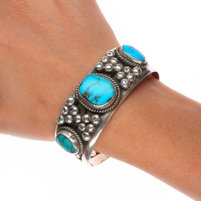 6.6" Vintage Navajo sterling silver woven cuff bracelet with turquoise