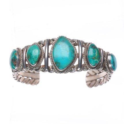 6.75" 1940's-50's Navajo Blue Gem turquoise braided sterling silver cuff bracelet