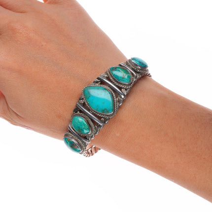 6.75" 1940's-50's Navajo Blue Gem turquoise braided sterling silver cuff bracelet