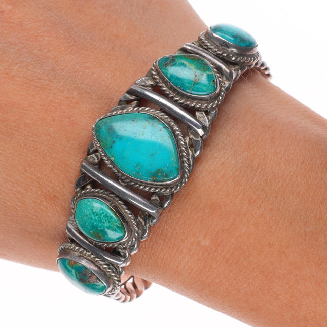 6.75" 1940's-50's Navajo Blue Gem turquoise braided sterling silver cuff bracelet