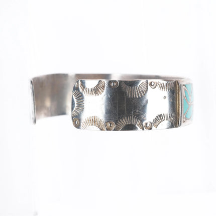 6.8" Vintage Hechilay Zuni sterling silver fishs-cale turquoise cuff bracelet