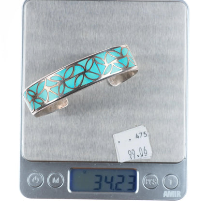 6.8" Vintage Hechilay Zuni sterling silver fishs-cale turquoise cuff bracelet