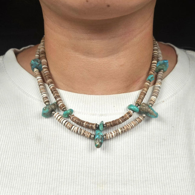 17.5" Vintage Santo Domingo sterling silver shell/turquoise heishi necklaces