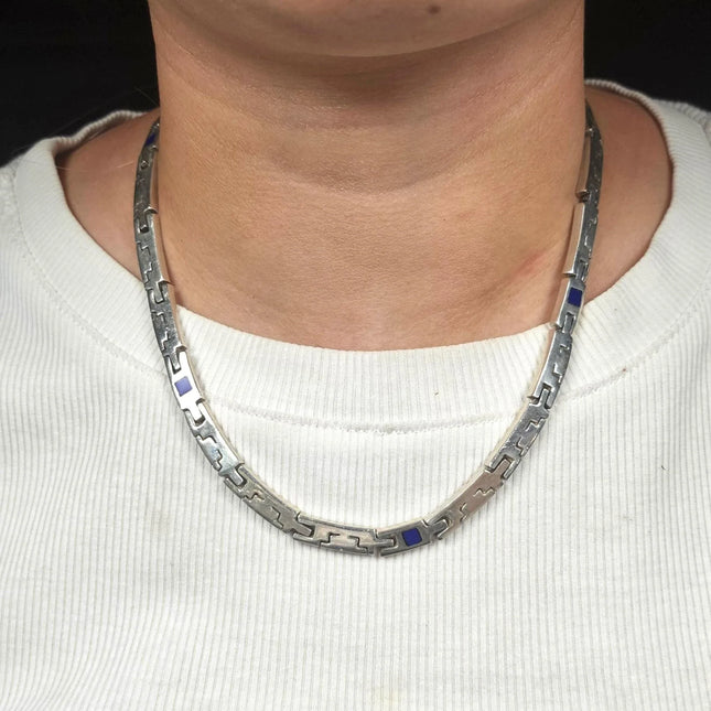 18" Retro Mexican sterling silver Lapis inlaid link necklace