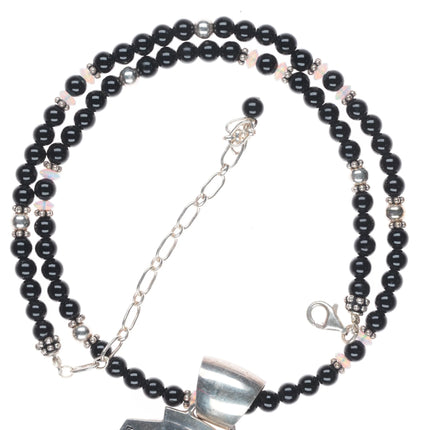 17" Southwestern sterling silver onyx, lab opal arrowhead form pendant necklace