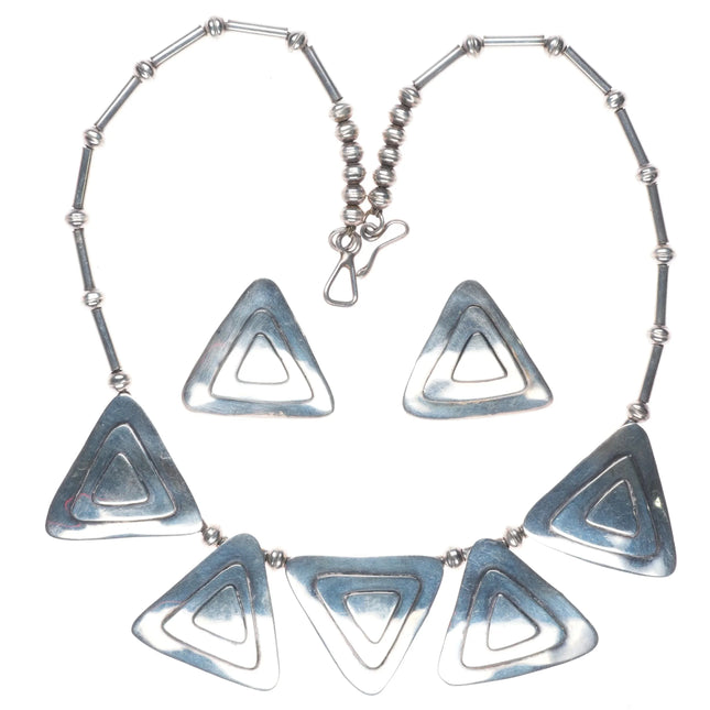 17.5" JCJ Southwestern Modernist sterling silver bib necklace w/earrings