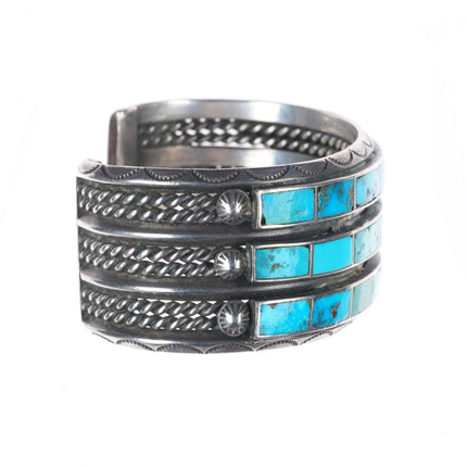 6.6" c1940 Big Zuni turquoise channel inlay sterling silver 3 row cuff bracelet